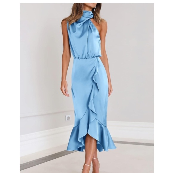 Amazon Kirundo satin mock neck dress midi cocktail sleeveless wrap ruffle - Picture 1 of 14